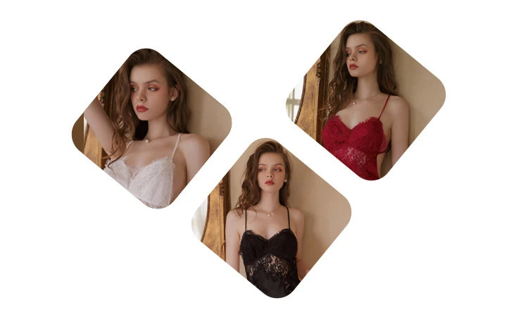 Beauty Back Lingerie Eyelash Lace Sling Nightdress Vintage Nightgowns Sexy Sleepwear Silk Dress Women Night Gown Sleep Tops
