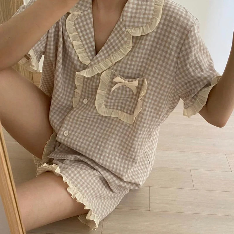 Pajama Sets Women Kawaii Plaids Students Popular Maiden Sweet Edible Tree Fungus Turn-down Collar Princess Homewear Sleep Shorts