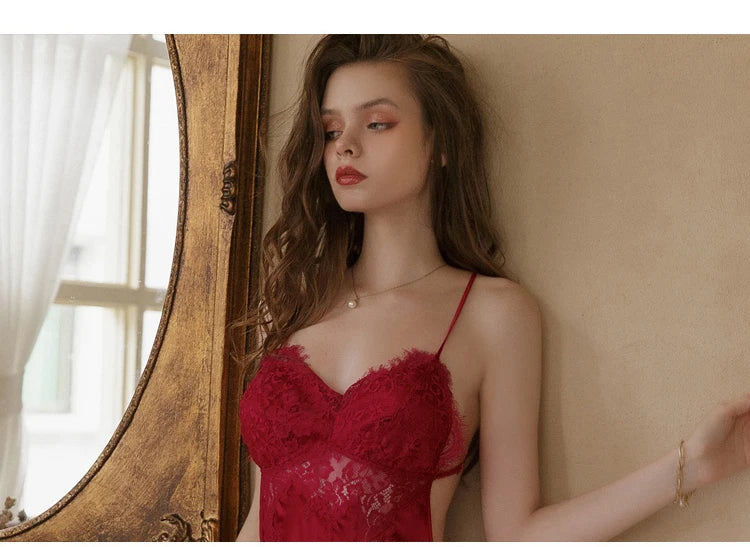 Beauty Back Lingerie Eyelash Lace Sling Nightdress Vintage Nightgowns Sexy Sleepwear Silk Dress Women Night Gown Sleep Tops