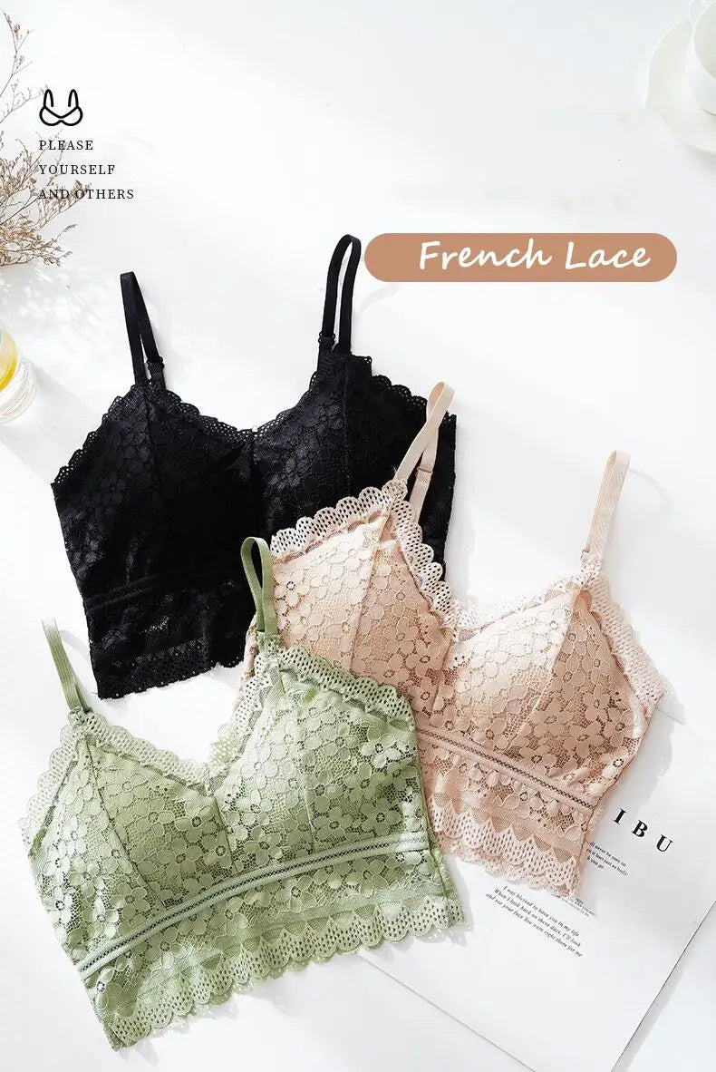 Wireless Embroidery Lace Bra Ice Silk Sling Women Underwear Sexy And Beautiful Back Tops Removable Chest Pad Brassiere