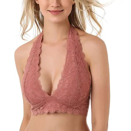 Sexy Floral Lace Halter Bra Bralette Wirefree Lace Bra Top Hook and Eye Closure Back Unpadded