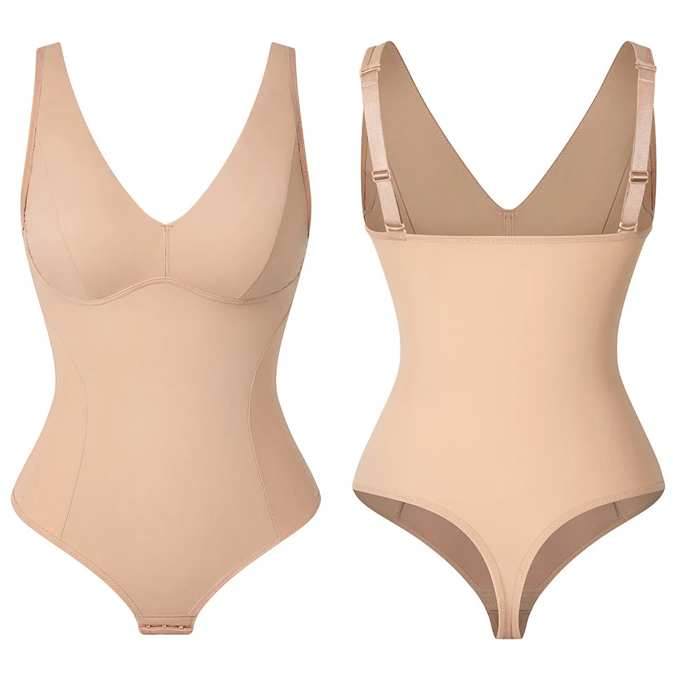 Shapewear Bodysuit Thong Shaper for Women Waist Trainer Body Shaper Deep V Neck Slimming Underwear Built-in Bra Camisoles Tops