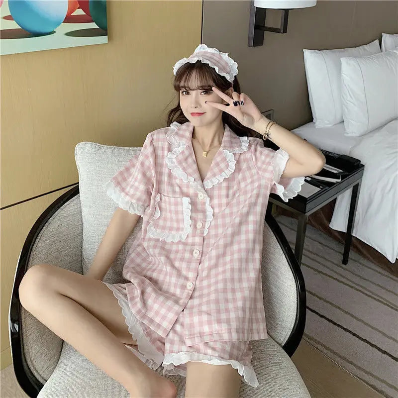 Pajama Sets Women Kawaii Plaids Students Popular Maiden Sweet Edible Tree Fungus Turn-down Collar Princess Homewear Sleep Shorts