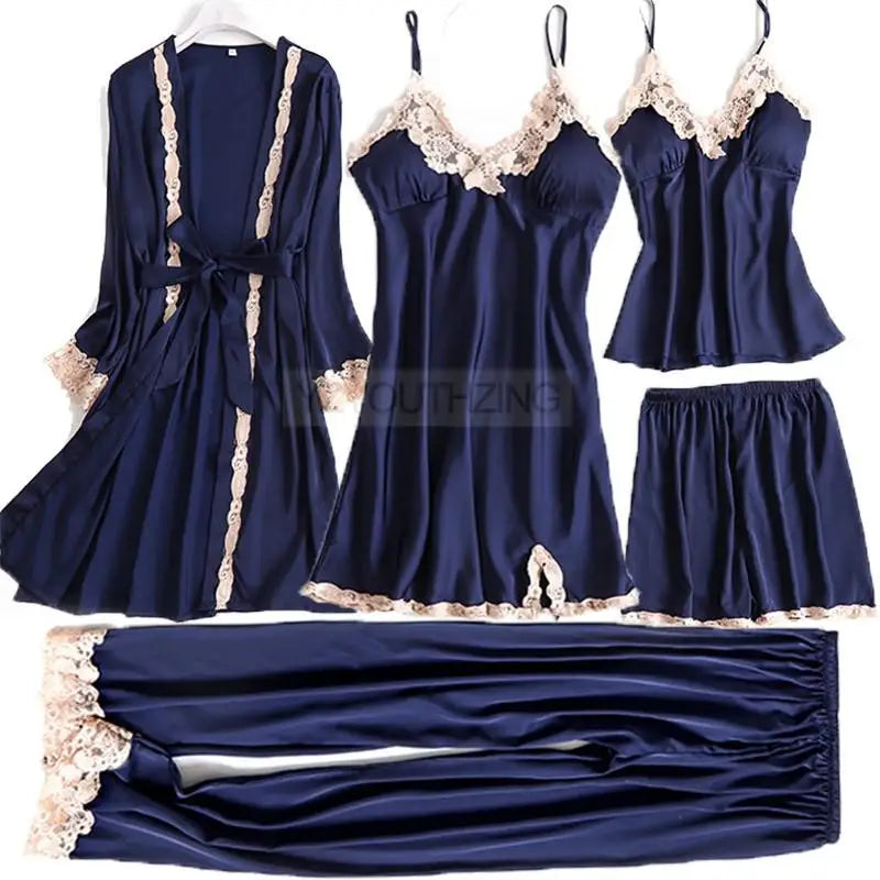 Pajama Set Women Lace Trim Satin Sleepwear Pyjamas Pour Femme Summer Nightwear With Pants Casual Home Wear Kimono Robe Gown PJS