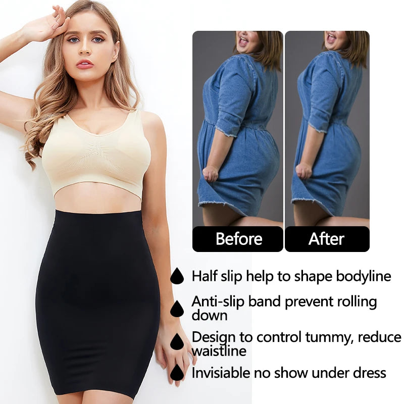 Women Half Slips for Under Dresses High Waist Underskirt Seamless Skirt Shapewear Tummy Control Body Shaper Slimming Underwear