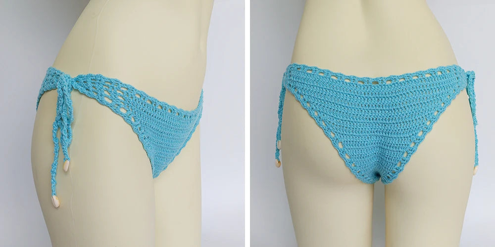 Women's Sport Sexy Bikini Thong Handmade Crochet Swimwear Bikini Bottom Hollow-out Low Waist Bathing Suit Bottoms