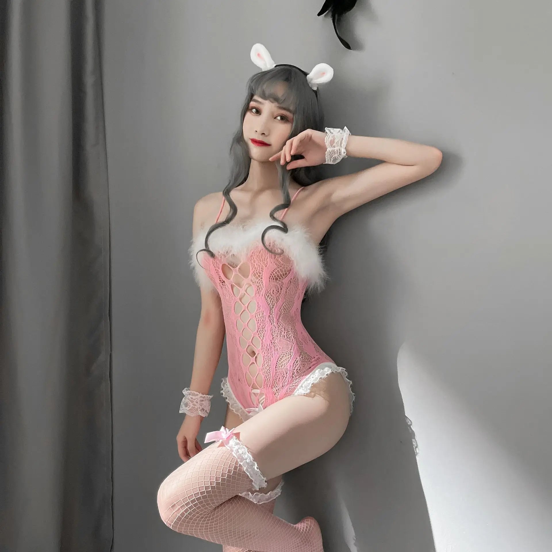 Sexy Lingerie For Women Erotic Fishnet Bodysuit See Through Costume Pink Lace Bunny Cosplay Bustier Stripper Clothes Lingere Set