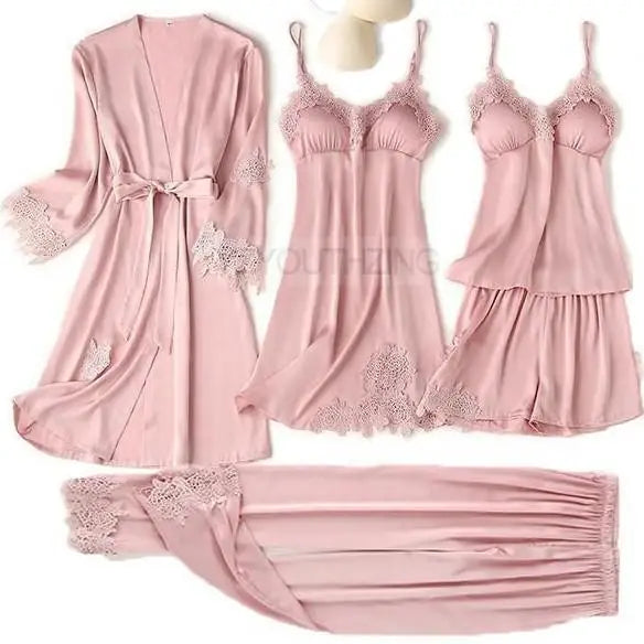 Pajama Set Women Lace Trim Satin Sleepwear Pyjamas Pour Femme Summer Nightwear With Pants Casual Home Wear Kimono Robe Gown PJS
