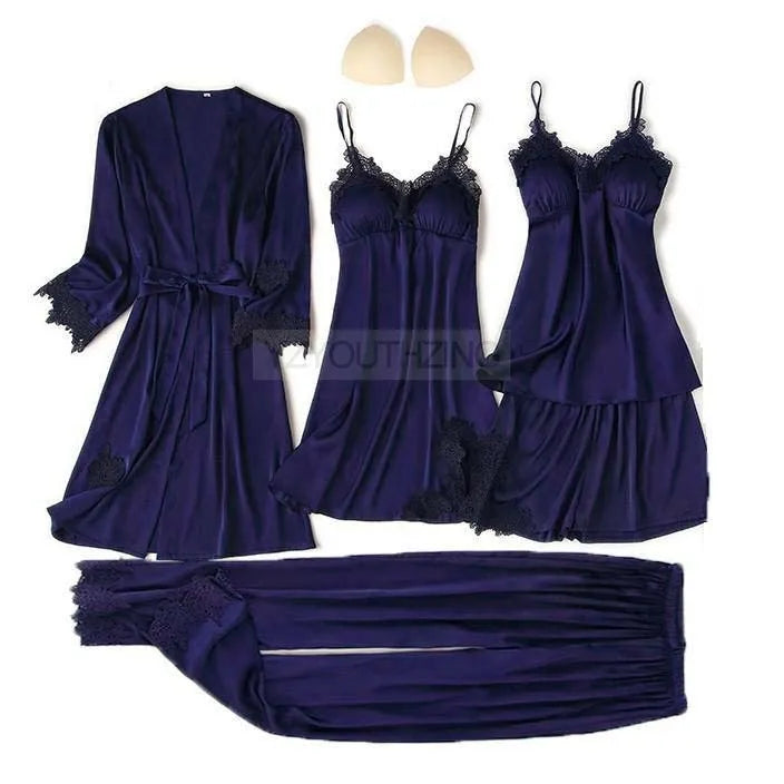 Pajama Set Women Lace Trim Satin Sleepwear Pyjamas Pour Femme Summer Nightwear With Pants Casual Home Wear Kimono Robe Gown PJS
