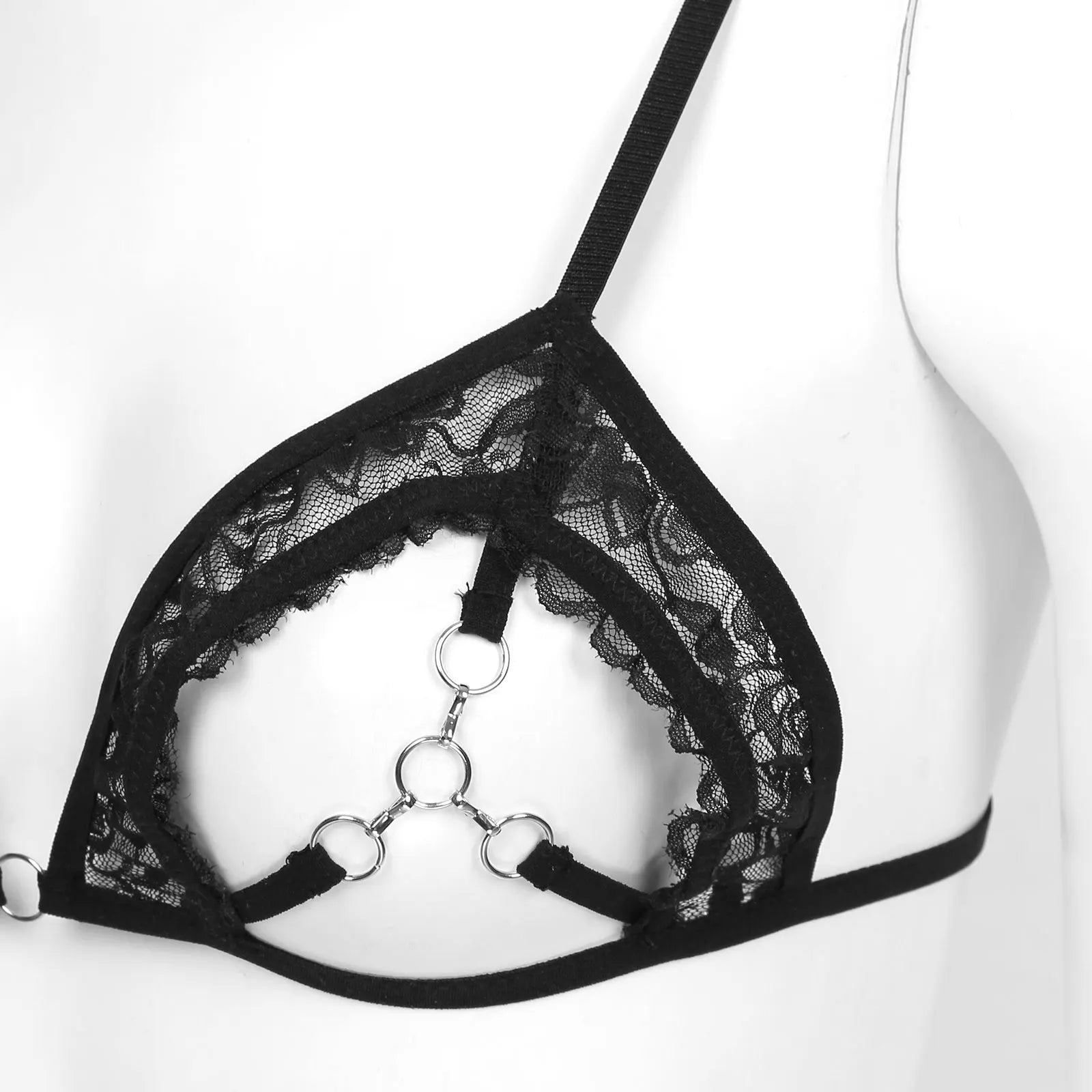 Womens Sheer Mesh Floral Lace Nipple Split Wire-Free Unlined Bikini Bra Triangle Bralette Exotic Open Cups Bras Plus Size