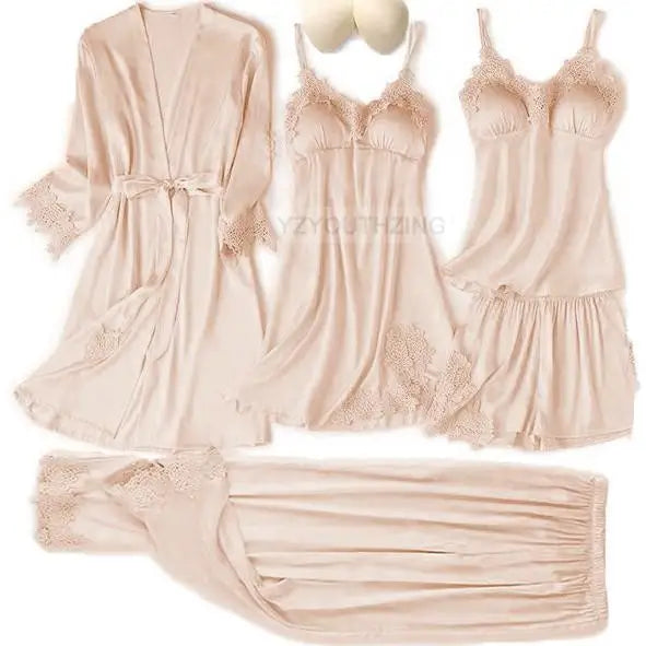 Pajama Set Women Lace Trim Satin Sleepwear Pyjamas Pour Femme Summer Nightwear With Pants Casual Home Wear Kimono Robe Gown PJS