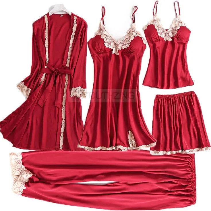 Pajama Set Women Lace Trim Satin Sleepwear Pyjamas Pour Femme Summer Nightwear With Pants Casual Home Wear Kimono Robe Gown PJS