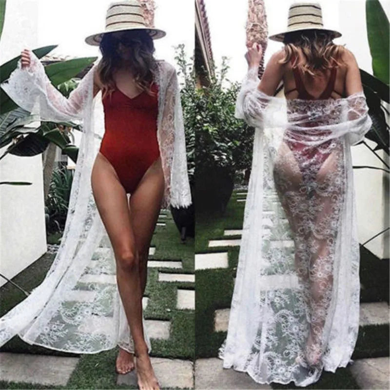 Women Sexy Lace Mesh Night Dress Hollow See-Through Long Robes Beach Cover-ups Cardigan Lingerie Sleepwear Nightwear Sleep Dress