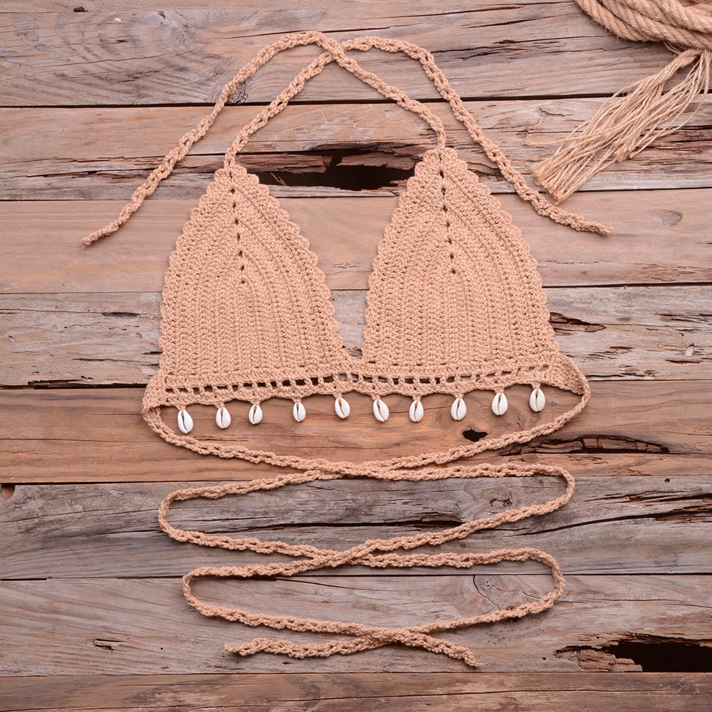 Knitted Bra Top Bikini Set Womens Swimsuit Handemade Crochet Bikini Cover Up Tassel Beach Long Wrap Skirt Sarong Immadman 7004