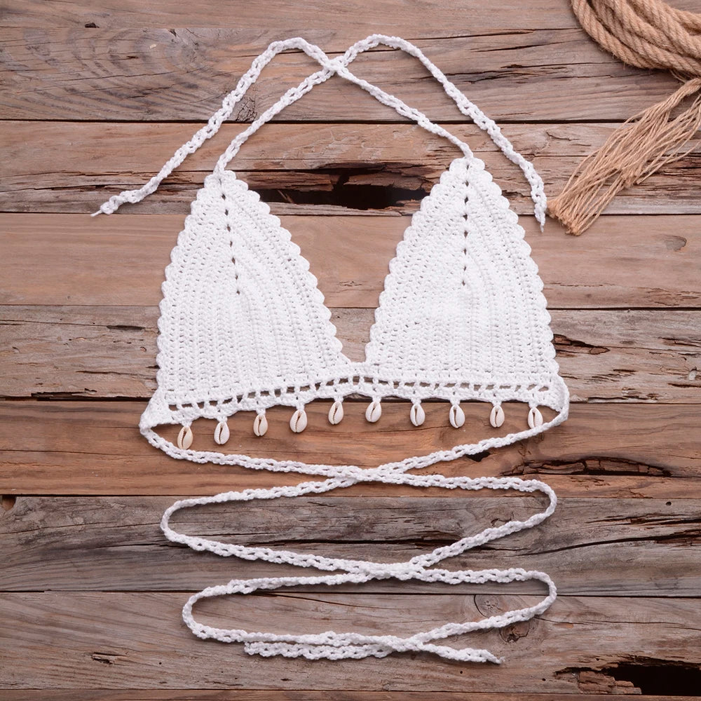 Knitted Bra Top Bikini Set Womens Swimsuit Handemade Crochet Bikini Cover Up Tassel Beach Long Wrap Skirt Sarong Immadman 7004