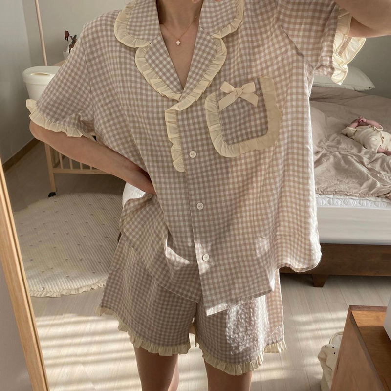 Pajama Sets Women Kawaii Plaids Students Popular Maiden Sweet Edible Tree Fungus Turn-down Collar Princess Homewear Sleep Shorts