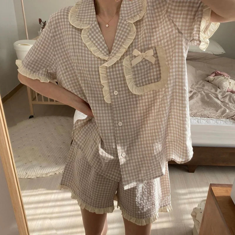 Pajama Sets Women Kawaii Plaids Students Popular Maiden Sweet Edible Tree Fungus Turn-down Collar Princess Homewear Sleep Shorts