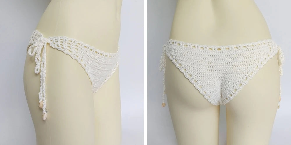Women's Sport Sexy Bikini Thong Handmade Crochet Swimwear Bikini Bottom Hollow-out Low Waist Bathing Suit Bottoms