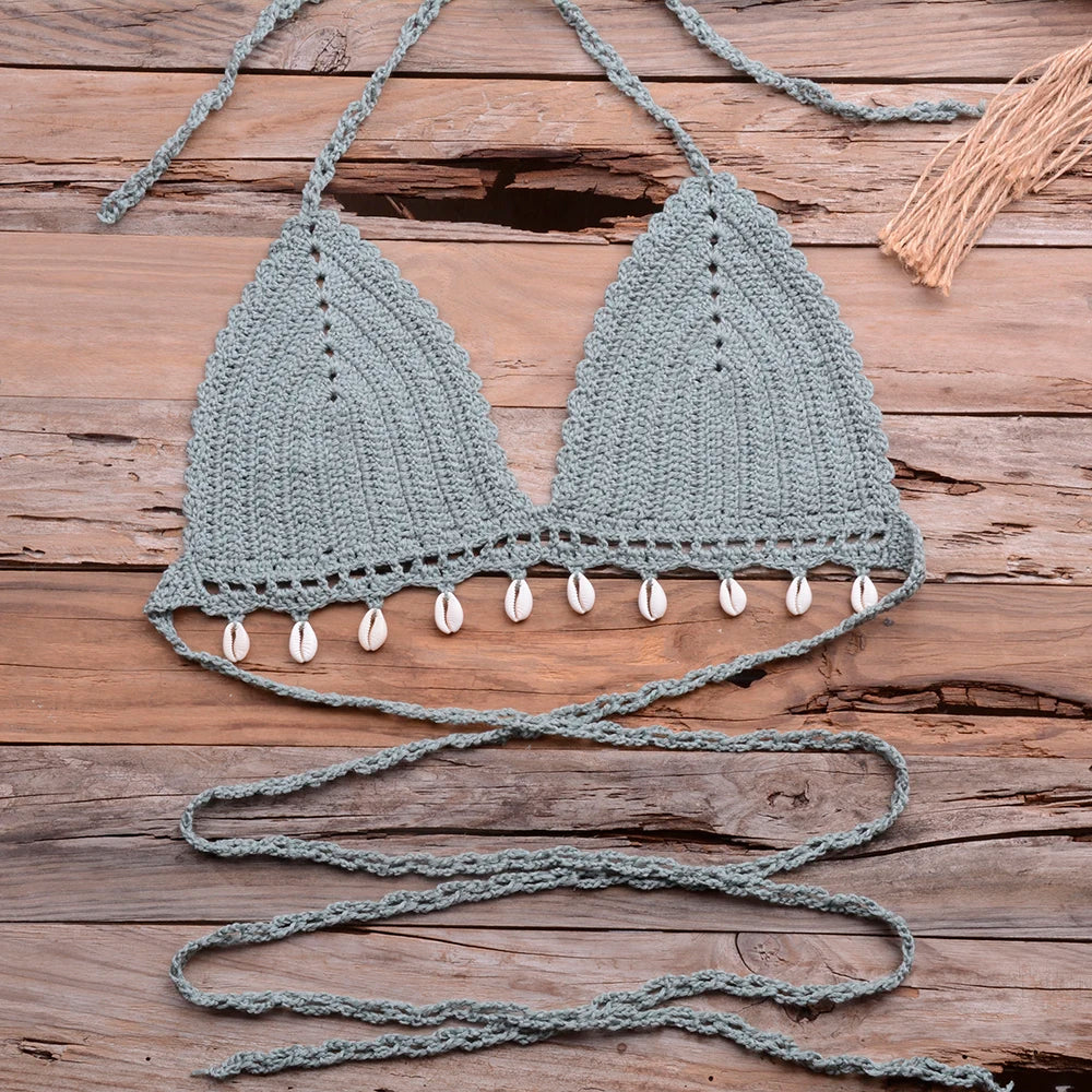 Knitted Bra Top Bikini Set Womens Swimsuit Handemade Crochet Bikini Cover Up Tassel Beach Long Wrap Skirt Sarong Immadman 7004