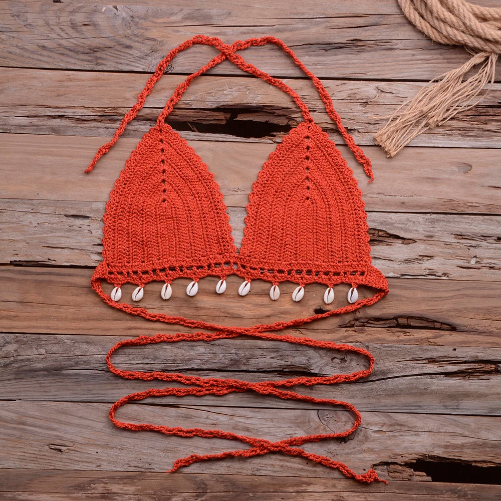 Knitted Bra Top Bikini Set Womens Swimsuit Handemade Crochet Bikini Cover Up Tassel Beach Long Wrap Skirt Sarong Immadman 7004