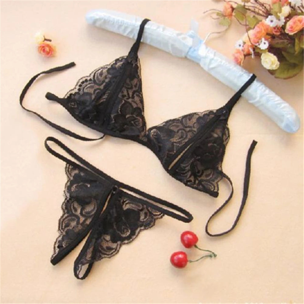 Sexy Lace Transparent Lingerie Set For Couple Sex Hanging Neck Bra Open Crotch Panties Erotic Underwear Lenceria Sensual Mujer