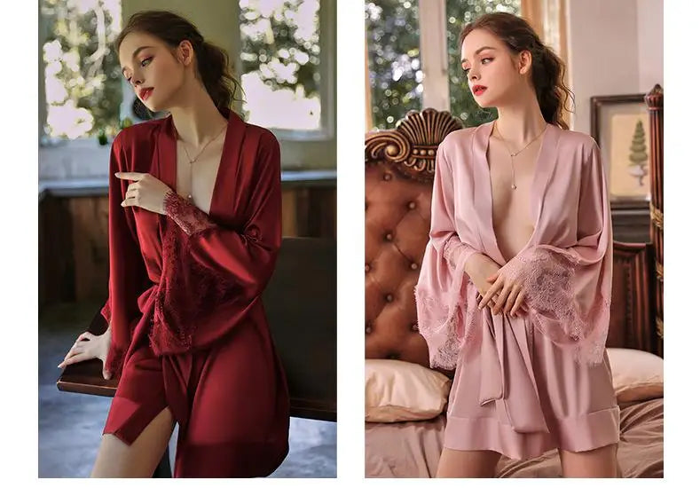 Sexy Robe With Lace Satin Women Nightgown Kimono Bathrobe Gown Pink Nightdress Bride Bridesmaid Wedding Gown Home Clothes