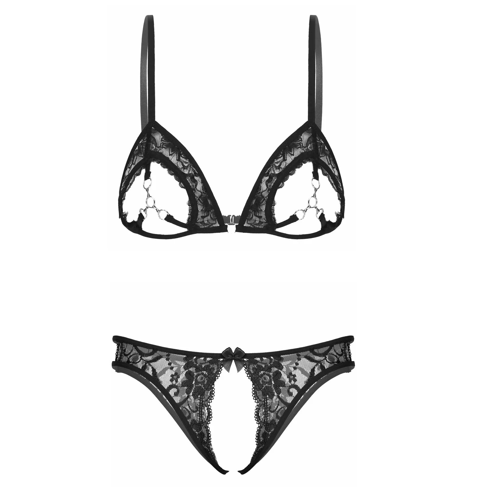 Women's Lingerie Sets See Through Lace Adjustable Straps Bra Top with Metal Rings Link Floral Lace Low Waist Crotchless Briefs
