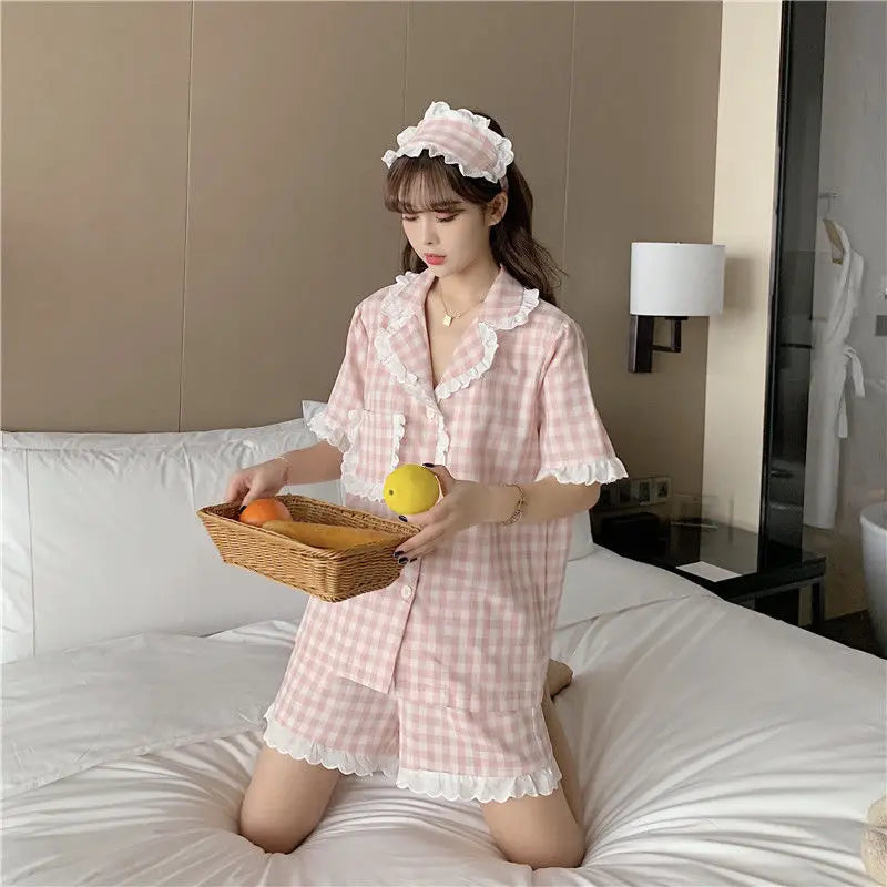 Pajama Sets Women Kawaii Plaids Students Popular Maiden Sweet Edible Tree Fungus Turn-down Collar Princess Homewear Sleep Shorts