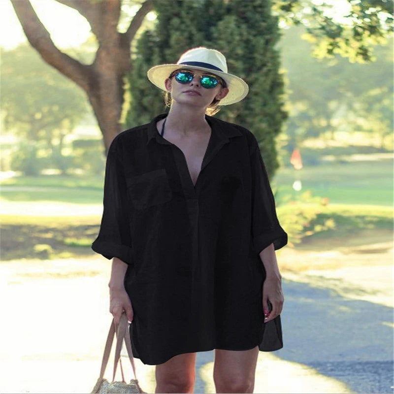 Sexy Beach Cover Up Women Bikini Pocket Swimsuit Cover Up Hollow Out T-shirt White Bathing Suit Cover-Ups Tunics Beachwear Robe