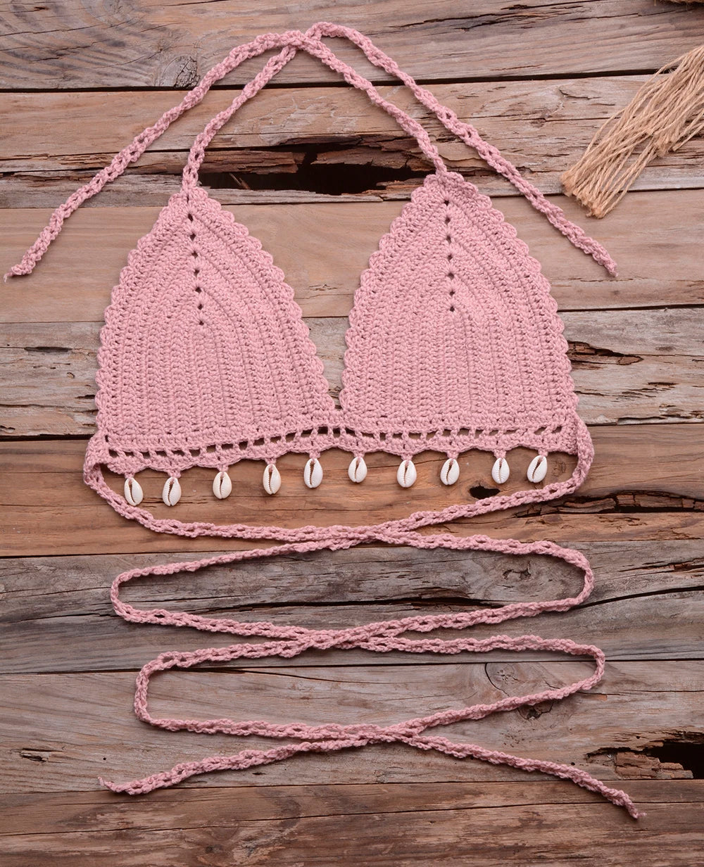 Knitted Bra Top Bikini Set Womens Swimsuit Handemade Crochet Bikini Cover Up Tassel Beach Long Wrap Skirt Sarong Immadman 7004