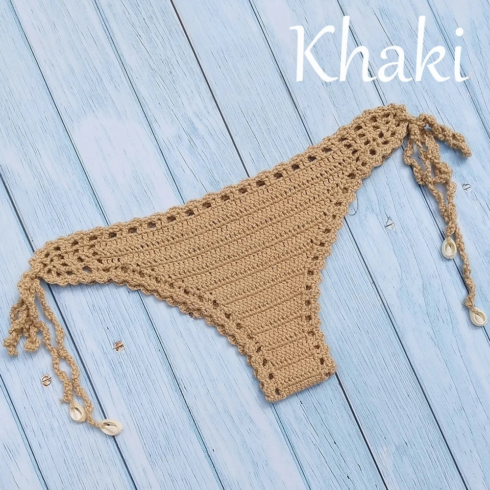 Women's Sport Sexy Bikini Thong Handmade Crochet Swimwear Bikini Bottom Hollow-out Low Waist Bathing Suit Bottoms