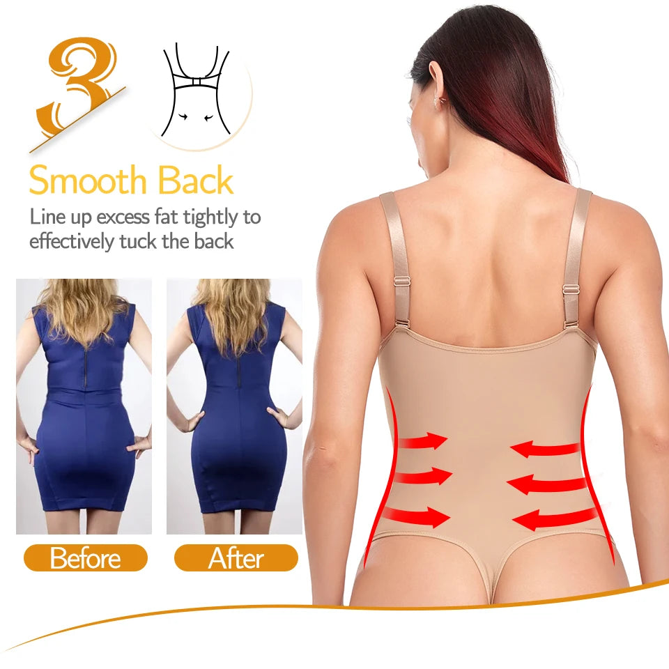 Shapewear Bodysuit Thong Shaper for Women Waist Trainer Body Shaper Deep V Neck Slimming Underwear Built-in Bra Camisoles Tops