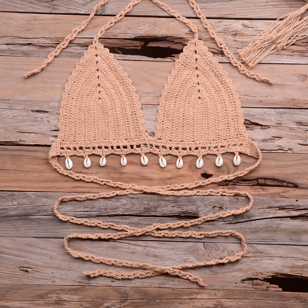 Knitted Bra Top Bikini Set Womens Swimsuit Handemade Crochet Bikini Cover Up Tassel Beach Long Wrap Skirt Sarong Immadman 7004