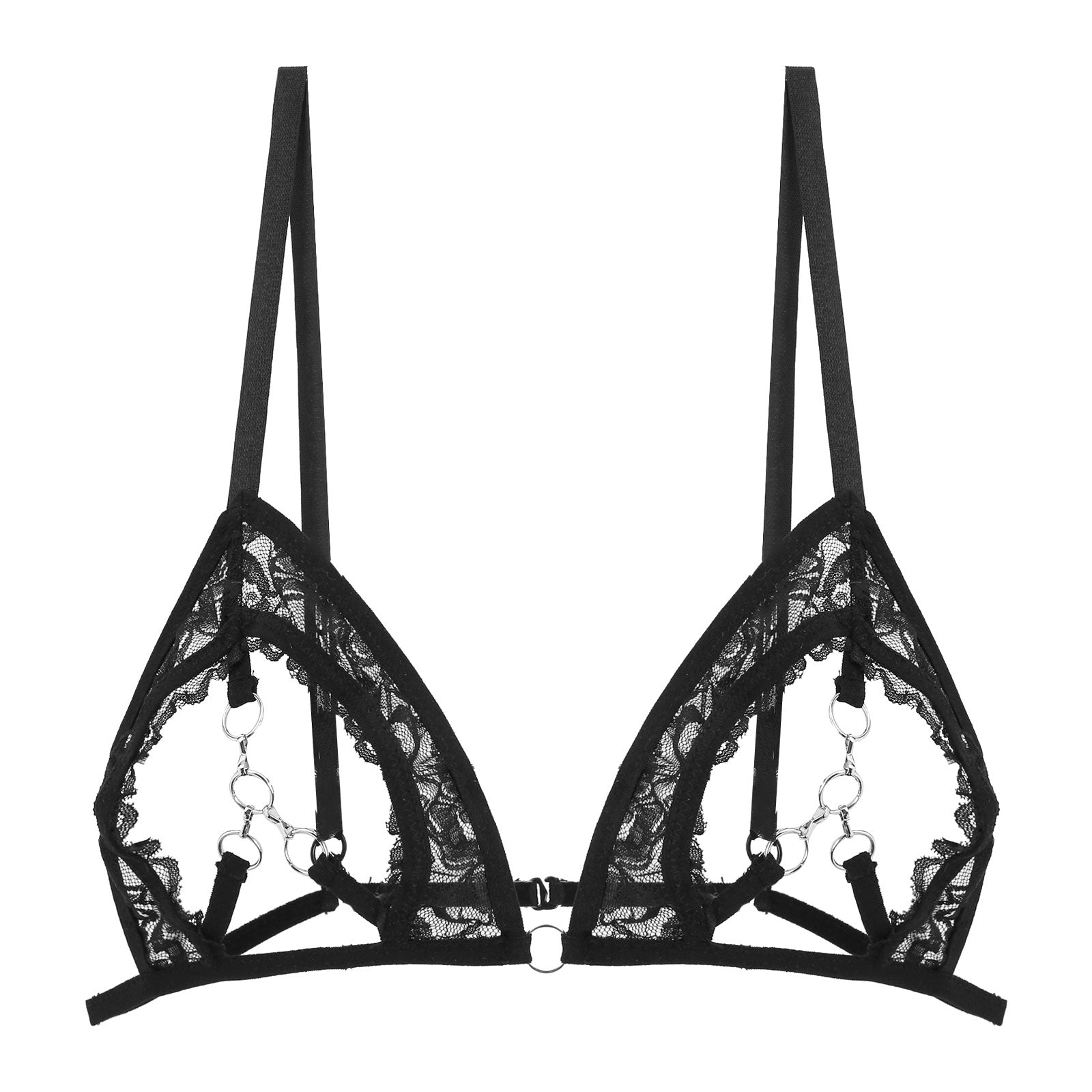 Women's Lingerie Sets See Through Lace Adjustable Straps Bra Top with Metal Rings Link Floral Lace Low Waist Crotchless Briefs