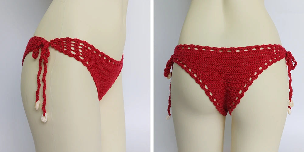 Women's Sport Sexy Bikini Thong Handmade Crochet Swimwear Bikini Bottom Hollow-out Low Waist Bathing Suit Bottoms