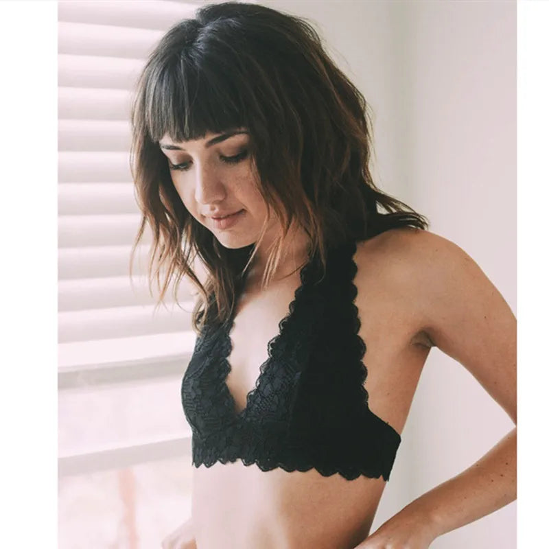 Sexy Floral Lace Halter Bra Bralette Wirefree Lace Bra Top Hook and Eye Closure Back Unpadded