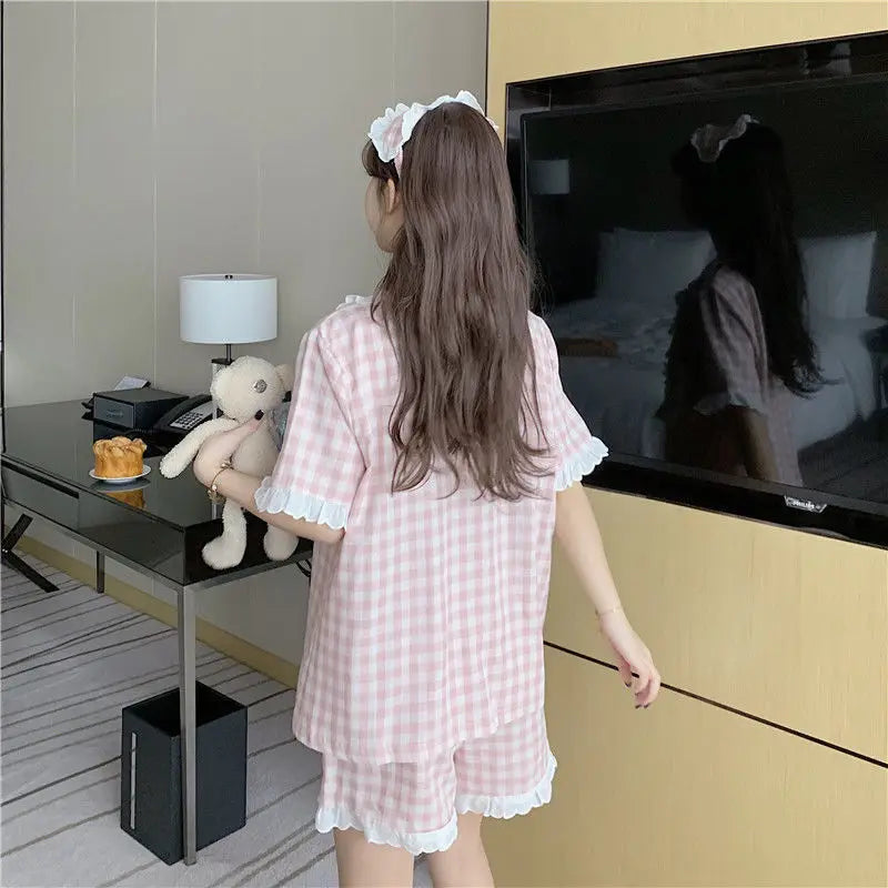 Pajama Sets Women Kawaii Plaids Students Popular Maiden Sweet Edible Tree Fungus Turn-down Collar Princess Homewear Sleep Shorts