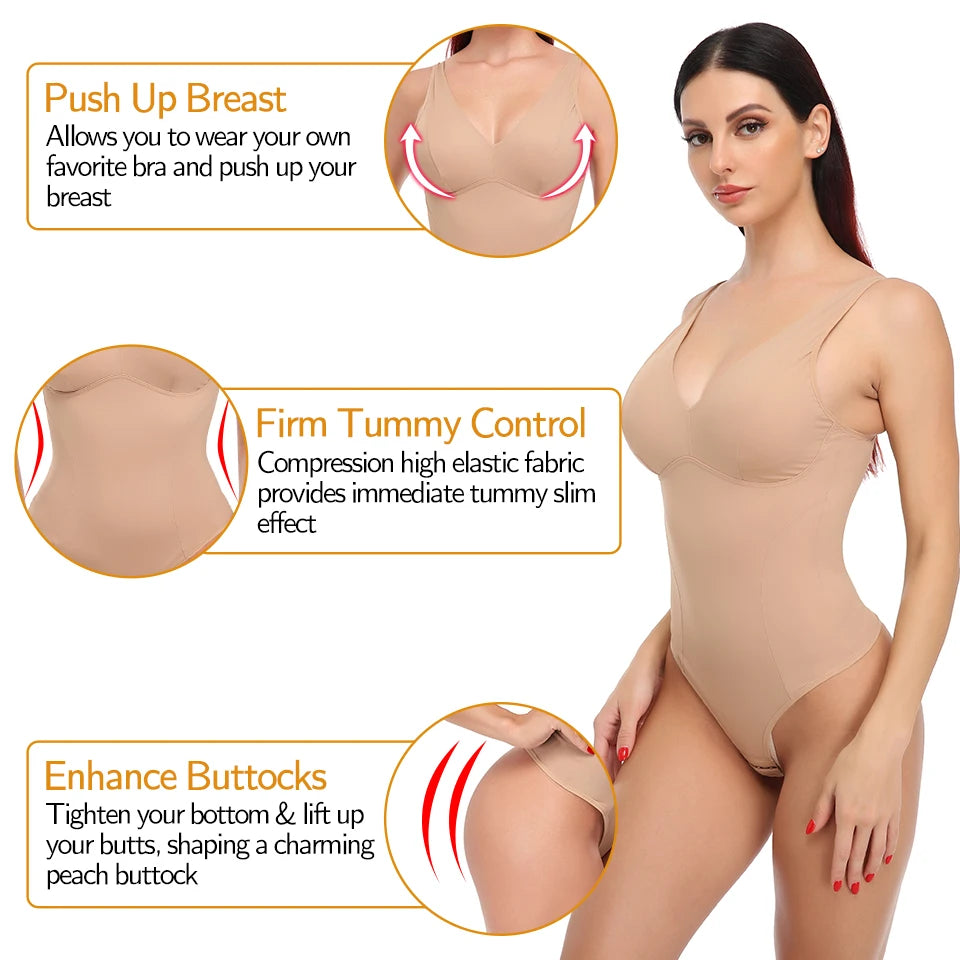 Shapewear Bodysuit Thong Shaper for Women Waist Trainer Body Shaper Deep V Neck Slimming Underwear Built-in Bra Camisoles Tops