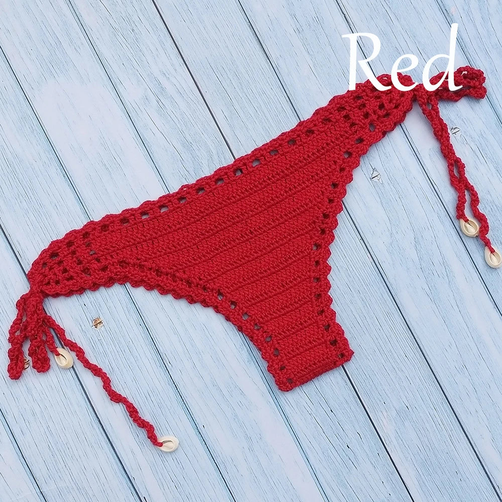 Women's Sport Sexy Bikini Thong Handmade Crochet Swimwear Bikini Bottom Hollow-out Low Waist Bathing Suit Bottoms