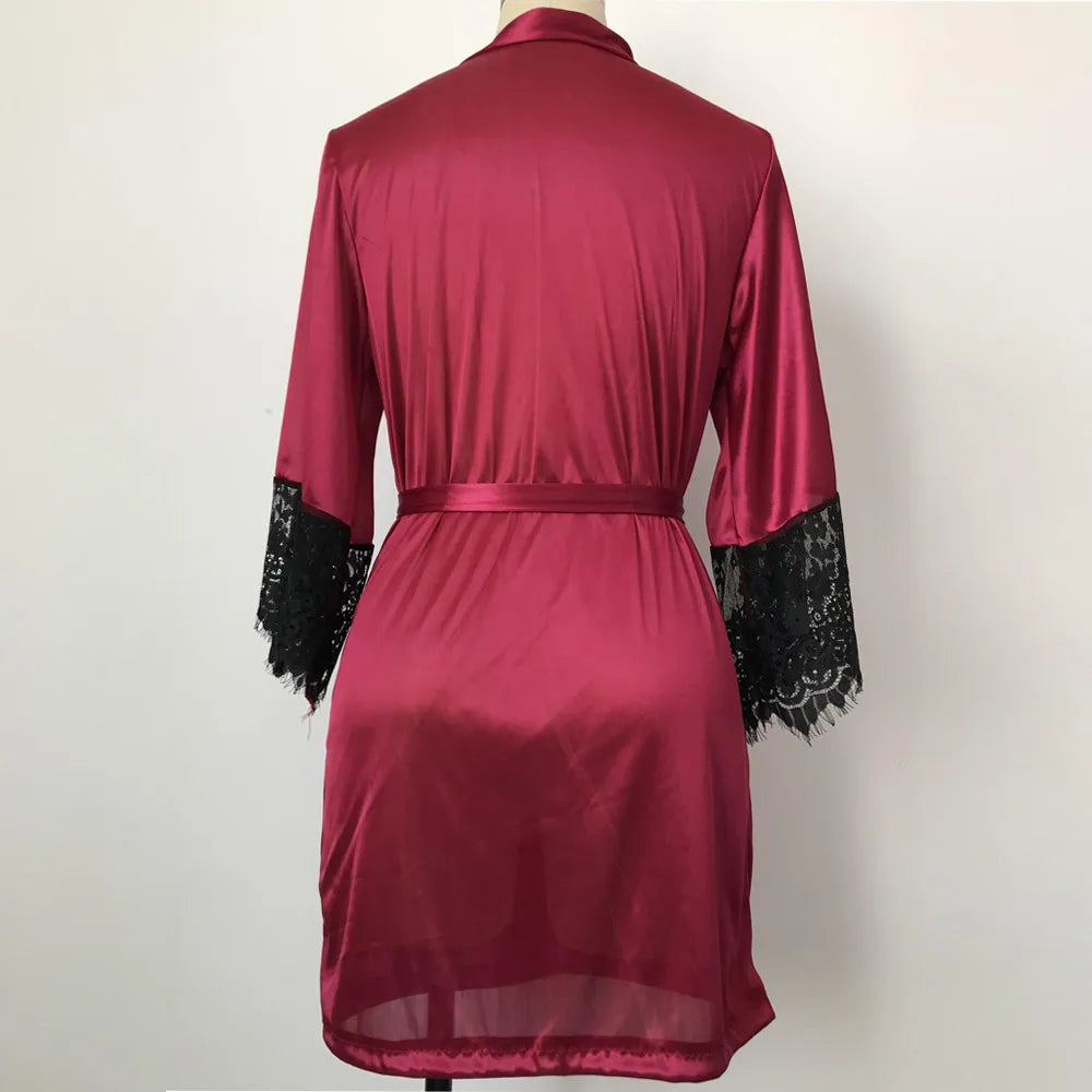 2019 New Sexy Lingerie Transparan Summer Sexy Women's Ladies Bride Robes Kimono Robe Satin Silk Lace Night Wear Gown Sleepwear