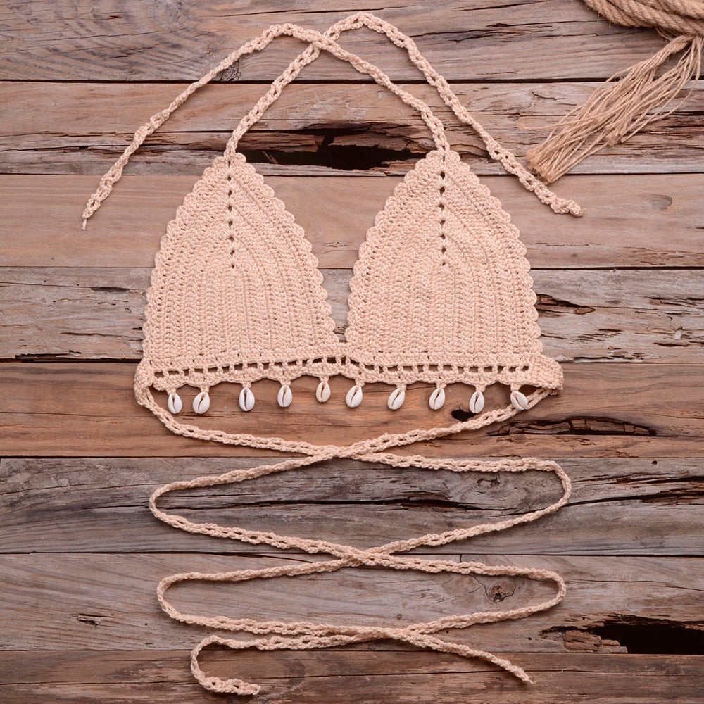 Knitted Bra Top Bikini Set Womens Swimsuit Handemade Crochet Bikini Cover Up Tassel Beach Long Wrap Skirt Sarong Immadman 7004