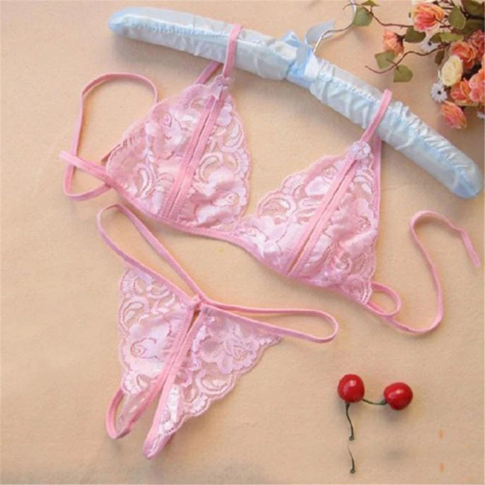 Sexy Lace Transparent Lingerie Set For Couple Sex Hanging Neck Bra Open Crotch Panties Erotic Underwear Lenceria Sensual Mujer