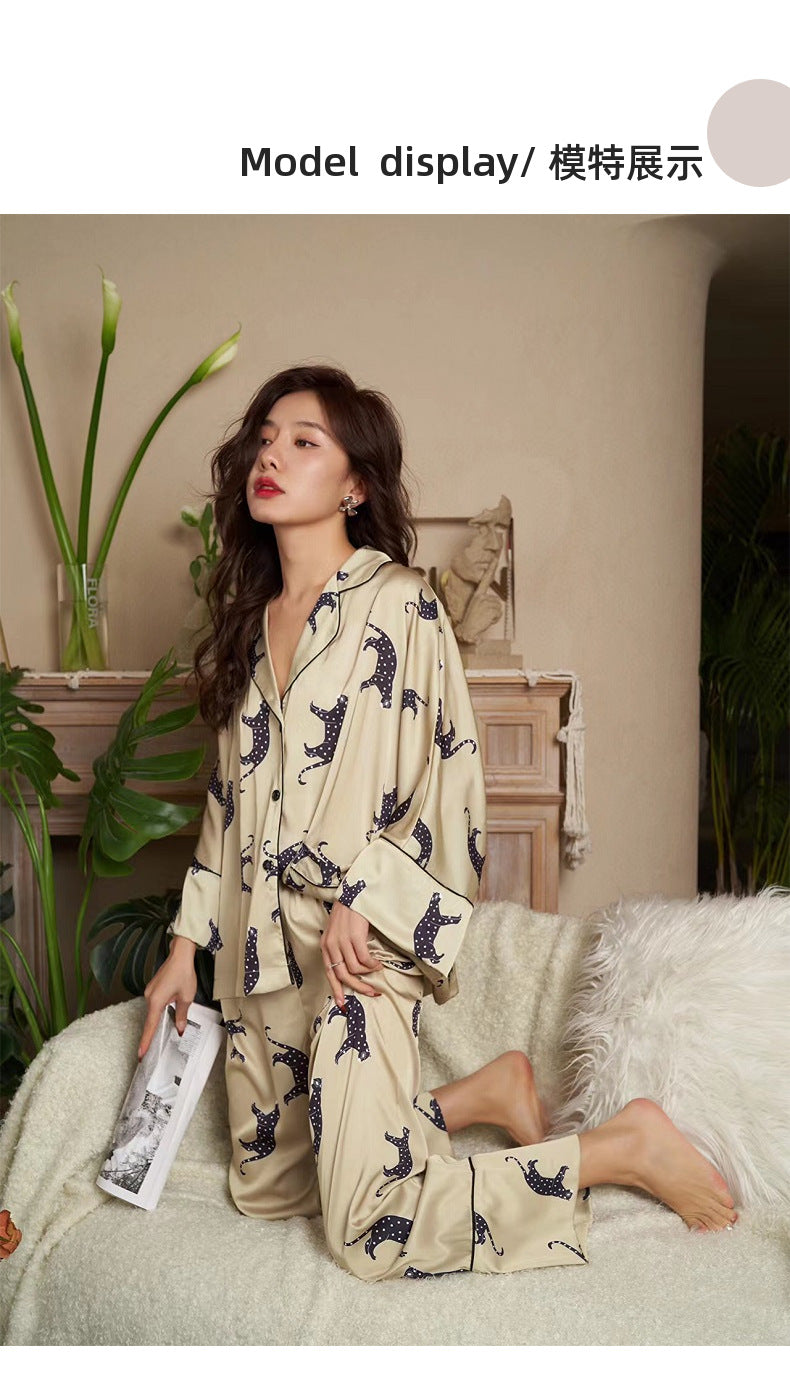 Satin Pajamas Set Spring Summer Home Suit with Pant Women's Print Pijama Suit Silk Pijama Set Sleepwear for Female Pyjamas