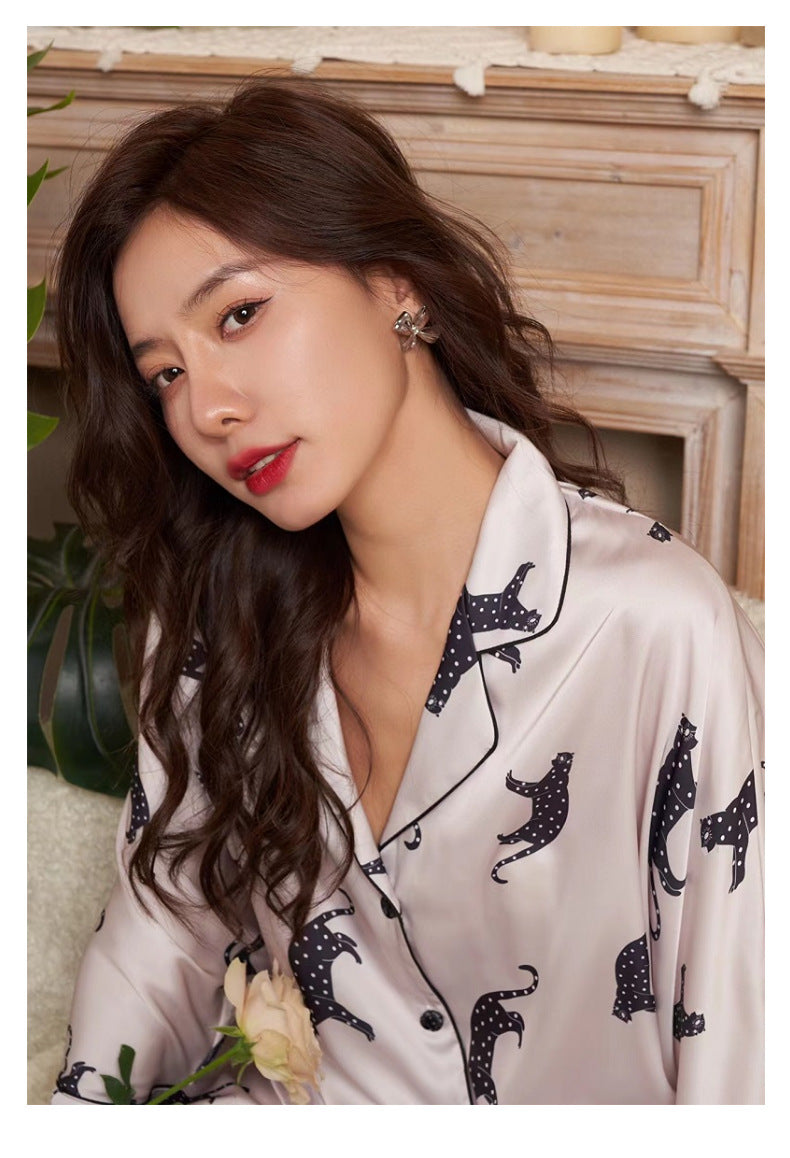 Satin Pajamas Set Spring Summer Home Suit with Pant Women's Print Pijama Suit Silk Pijama Set Sleepwear for Female Pyjamas