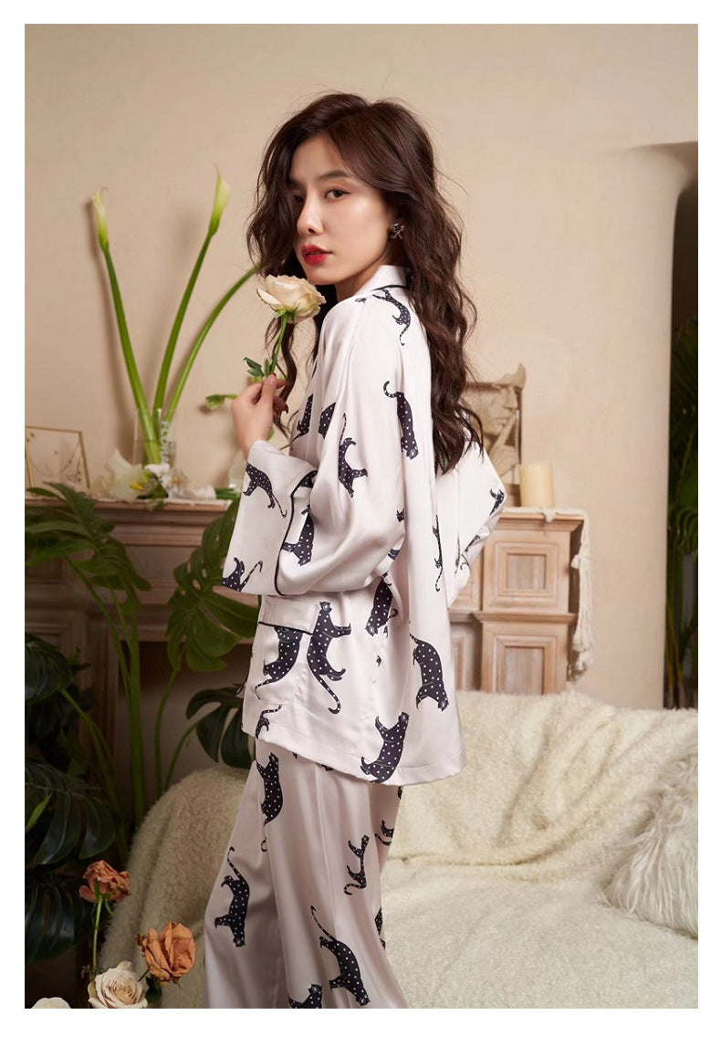 Satin Pajamas Set Spring Summer Home Suit with Pant Women's Print Pijama Suit Silk Pijama Set Sleepwear for Female Pyjamas