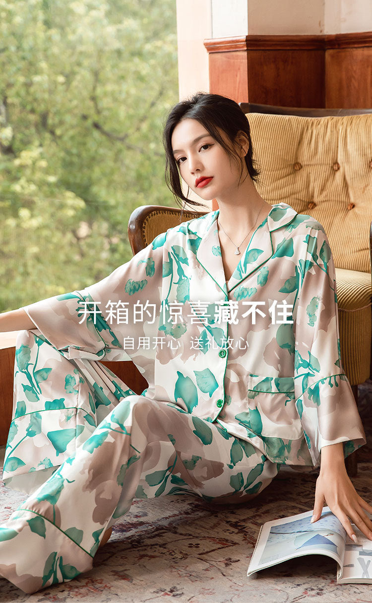 Satin Pajamas Set Spring Summer Home Suit with Pant Women's Print Pijama Suit Silk Pijama Set Sleepwear for Female Pyjamas
