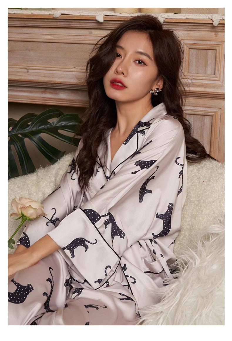 Satin Pajamas Set Spring Summer Home Suit with Pant Women's Print Pijama Suit Silk Pijama Set Sleepwear for Female Pyjamas