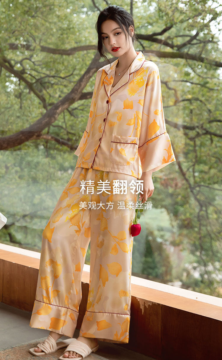 Satin Pajamas Set Spring Summer Home Suit with Pant Women's Print Pijama Suit Silk Pijama Set Sleepwear for Female Pyjamas