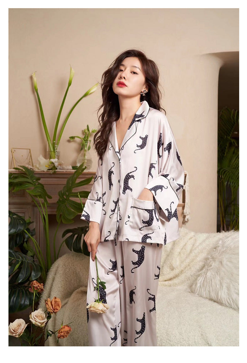 Satin Pajamas Set Spring Summer Home Suit with Pant Women's Print Pijama Suit Silk Pijama Set Sleepwear for Female Pyjamas