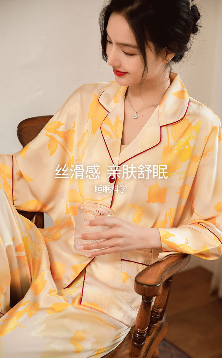 Satin Pajamas Set Spring Summer Home Suit with Pant Women's Print Pijama Suit Silk Pijama Set Sleepwear for Female Pyjamas